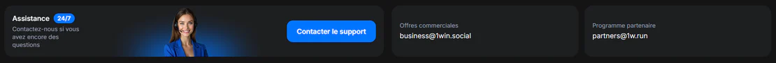 1Win Casino assistance client disponible 24/7 avec contact du support, offres commerciales et programme partenaire