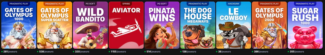 1Win Casino sélection de machines à sous avec Gates of Olympus, Aviator, Wild Bandito, Piñata Wins et Sugar Rush